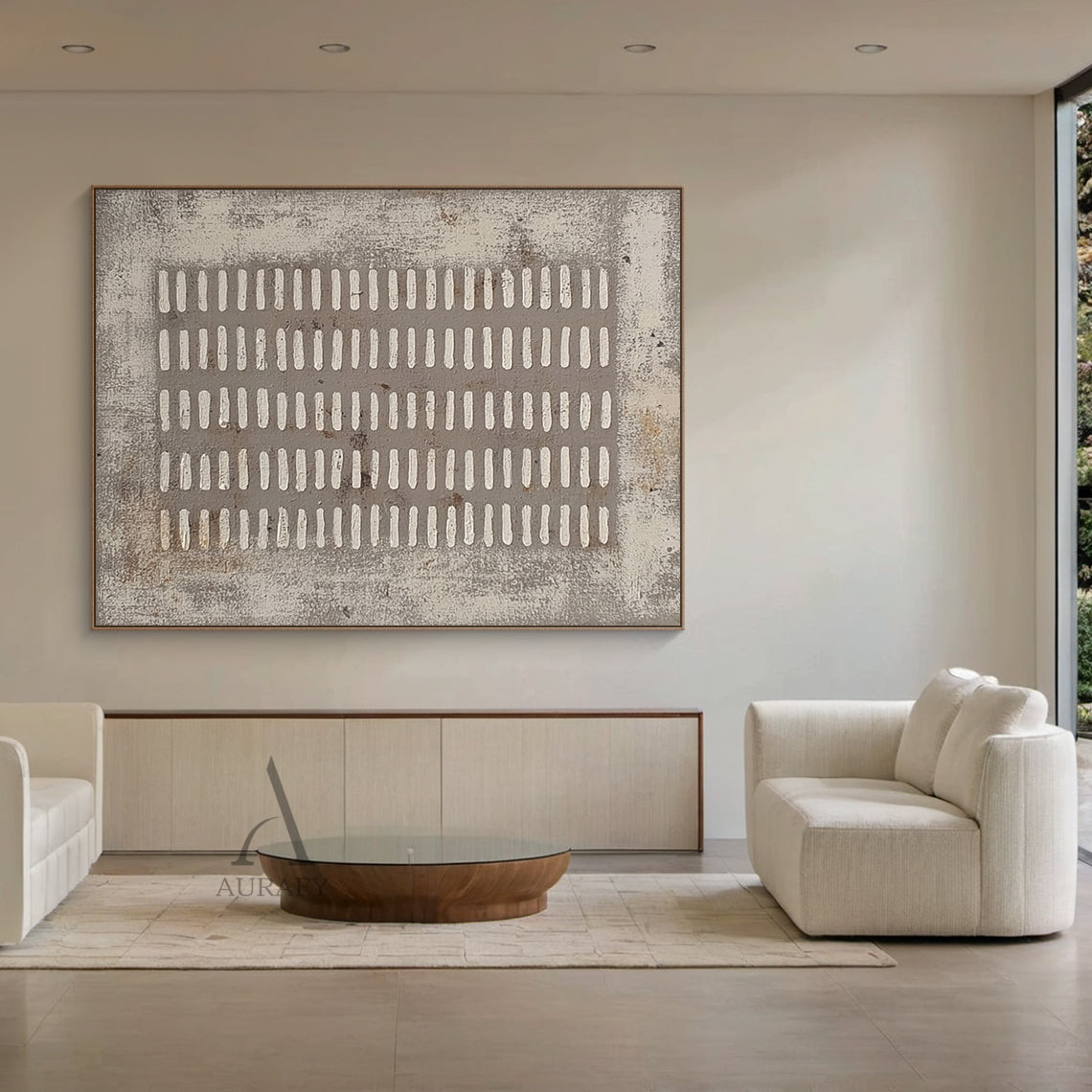 Square gray abstract plaster textured wall art (AURA628) real home scene display, the artwork with 5 vertical columns of irregular handcrafted white short rectangular lines on muted distressed gray base is presented in a different actual home space matching, this rough weathered canvas-like textured wabi-sabi modern organic minimalist piece blends naturally with the surrounding interior furnishings, providing intuitive reference for Japandi, neutral minimalist home decor and soft outfit selection.