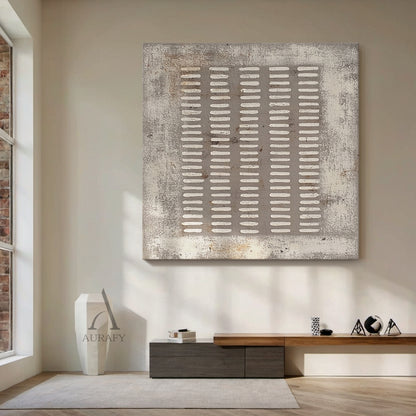 Square gray abstract plaster textured wall art (AURA628) real home scene display, the artwork with 5 vertical columns of irregular handcrafted white short rectangular lines on muted distressed gray base is presented in actual space matching, this rough weathered canvas-like textured wabi-sabi modern organic minimalist piece fits perfectly with the surrounding furnishings, providing intuitive reference for Japandi, neutral minimalist home decor selection.