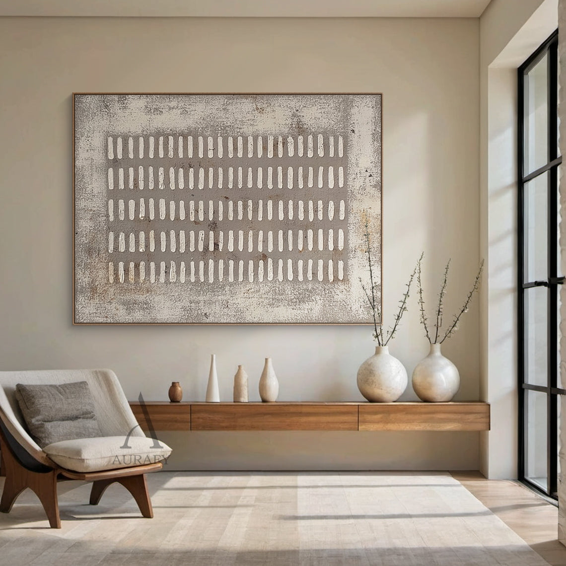 Square gray abstract plaster textured wall art (AURA628) real home scene display, the artwork with 5 vertical columns of irregular handcrafted white short rectangular lines on muted distressed gray base is presented in actual space matching, this rough weathered canvas-like textured wabi-sabi modern organic minimalist piece fits perfectly with the surrounding furnishings, providing intuitive reference for Japandi, neutral minimalist home decor selection.