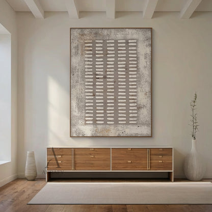 Square gray abstract plaster textured wall art (AURA628), features 5 vertical columns of irregular handcrafted white short rectangular lines arranged on muted distressed gray base, rough weathered canvas-like textured background, wabi-sabi modern organic minimalist artwork ideal for Japandi, neutral minimalist home decor.
