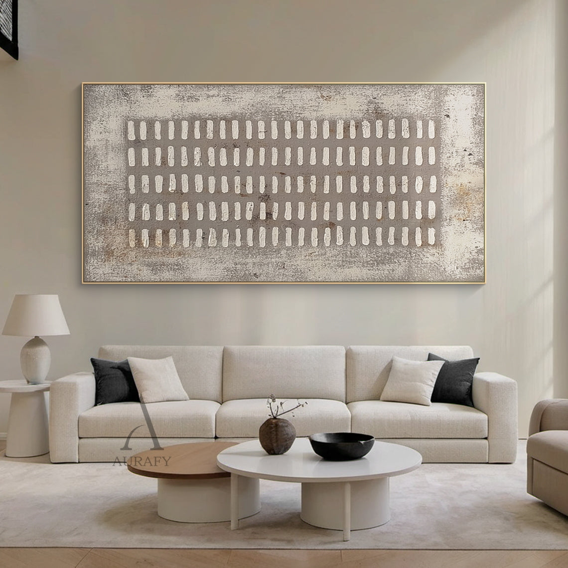 Square gray abstract plaster textured wall art (AURA628), features 5 vertical columns of irregular handcrafted white short rectangular lines arranged on muted distressed gray base, rough weathered canvas-like textured background, wabi-sabi modern organic minimalist artwork ideal for Japandi, neutral minimalist home decor.