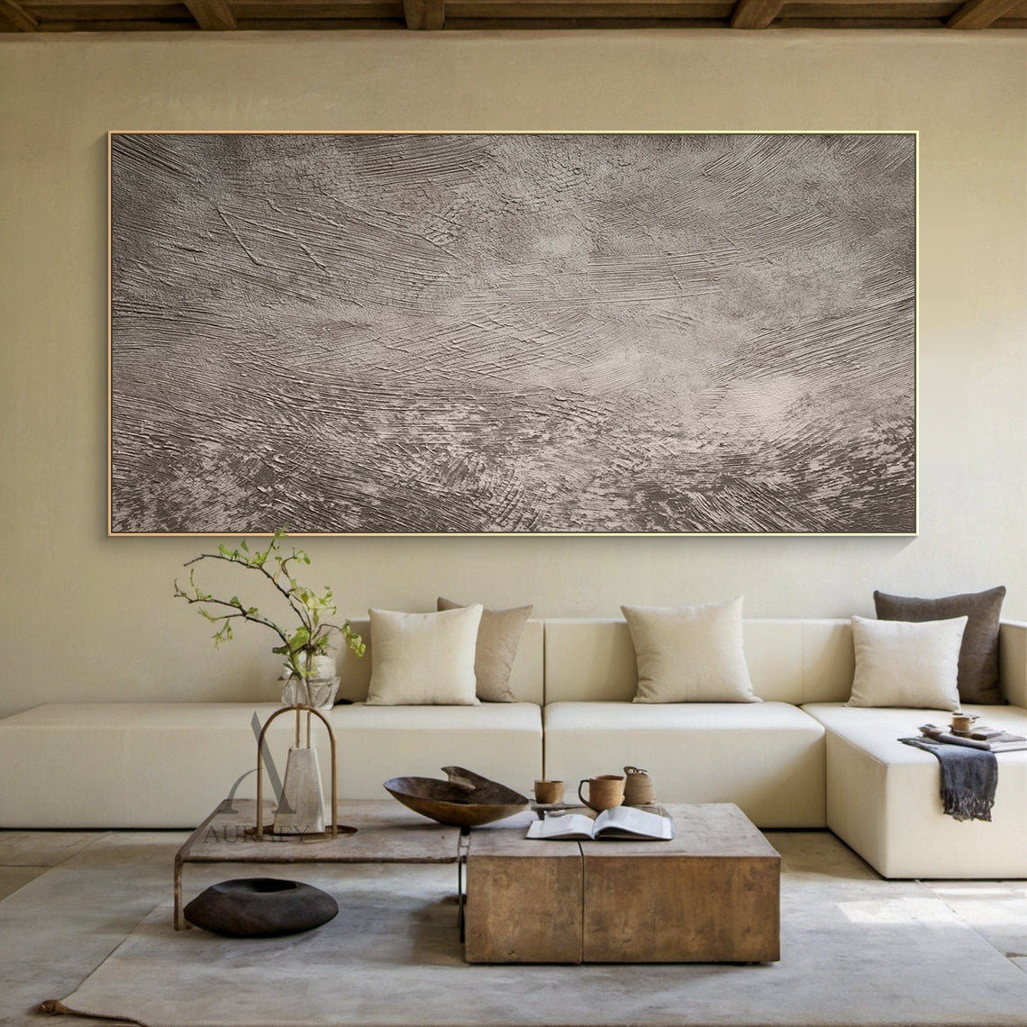Gray abstract art with plaster textured surface: sculpted parallel and cross scratches (varying thickness, density, depth) create layered visual肌理. Industrial minimalist style, neutral gray tones (light ash to deep charcoal) with light/shadow contrast for depth. Tactile 3D design perfect for Japandi living room, modern office, or minimalist bedroom wall decor (AURA596).