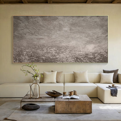 Gray abstract art with plaster textured surface: sculpted parallel and cross scratches (varying thickness, density, depth) create layered visual肌理. Industrial minimalist style, neutral gray tones (light ash to deep charcoal) with light/shadow contrast for depth. Tactile 3D design perfect for Japandi living room, modern office, or minimalist bedroom wall decor (AURA596).