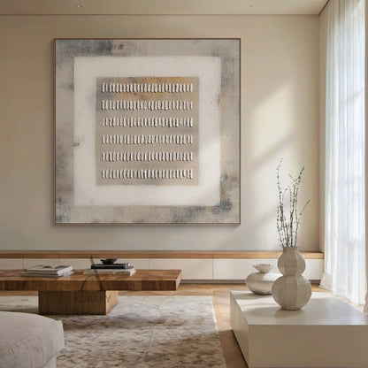 Gray General Abstract high-relief plaster wall artwork AURA627 (home installation scene display), features the consistent signature nested three-layer geometric structure: mottled textured dark gray outer background, light off-white square middle border, light brown-gray core base, installed on a plain soft white interior accent wall. 6 rows of handcrafted irregular raised white short strip plaster elements are neatly arranged on the core base, with obvious tactile thick coating relief texture. All neutral 