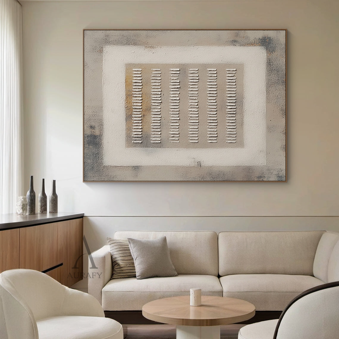 Gray General Abstract high-relief plaster wall artwork AURA627 (home installation scene display), features the consistent signature nested three-layer geometric structure: mottled textured dark gray outer background, light off-white square middle border, light brown-gray core base, installed on a plain soft white interior accent wall. 6 rows of handcrafted irregular raised white short strip plaster elements are neatly arranged on the core base, with obvious tactile thick coating relief texture. All neutral 