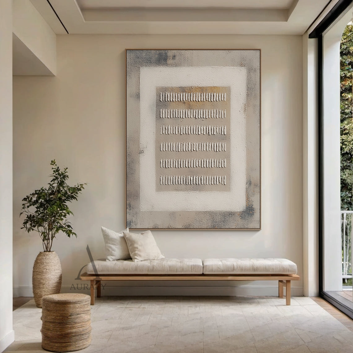 Gray General Abstract high-relief plaster wall artwork AURA627, features nested three-layer geometric structure: mottled textured dark gray outer background, light off-white square middle border, light brown-gray core base. 6 rows of handcrafted irregular raised white short strip plaster elements are neatly arranged on the core base, with obvious tactile thick coating relief texture. All tones are neutral gray series without bright colors, presents a calm, minimalist and wabi-sabi visual effect.