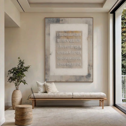 Gray General Abstract high-relief plaster wall artwork AURA627, features nested three-layer geometric structure: mottled textured dark gray outer background, light off-white square middle border, light brown-gray core base. 6 rows of handcrafted irregular raised white short strip plaster elements are neatly arranged on the core base, with obvious tactile thick coating relief texture. All tones are neutral gray series without bright colors, presents a calm, minimalist and wabi-sabi visual effect.