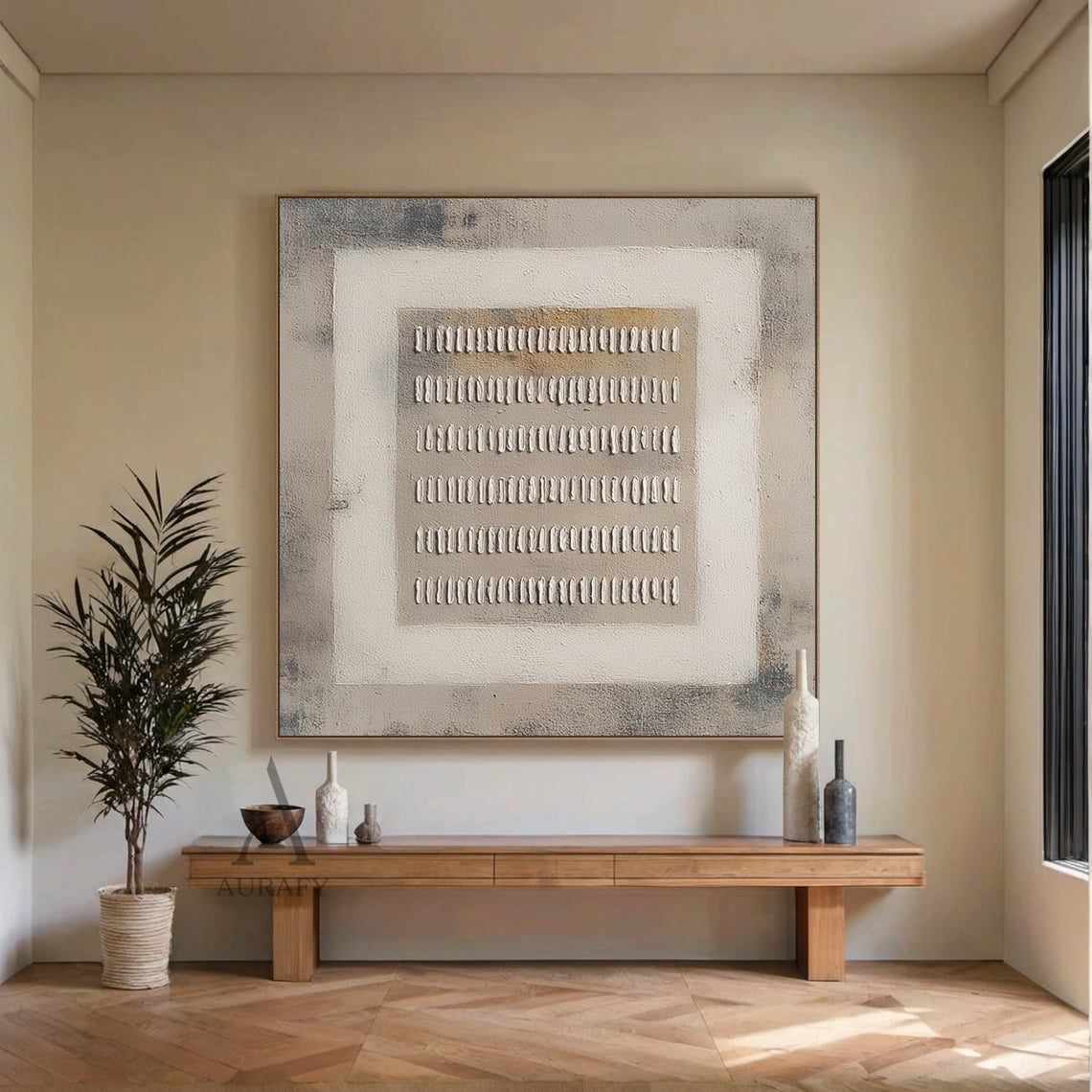 Gray General Abstract high-relief plaster wall artwork AURA627, features nested three-layer geometric structure: mottled textured dark gray outer background, light off-white square middle border, light brown-gray core base. 6 rows of handcrafted irregular raised white short strip plaster elements are neatly arranged on the core base, with obvious tactile thick coating relief texture. All tones are neutral gray series without bright colors, presents a calm, minimalist and wabi-sabi visual effect.