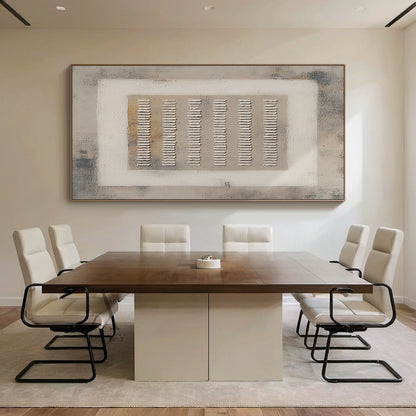 Gray General Abstract high-relief plaster wall artwork AURA627, features nested three-layer geometric structure: mottled textured dark gray outer background, light off-white square middle border, light brown-gray core base. 6 rows of handcrafted irregular raised white short strip plaster elements are neatly arranged on the core base, with obvious tactile thick coating relief texture. All tones are neutral gray series without bright colors, presents a calm, minimalist and wabi-sabi visual effect.