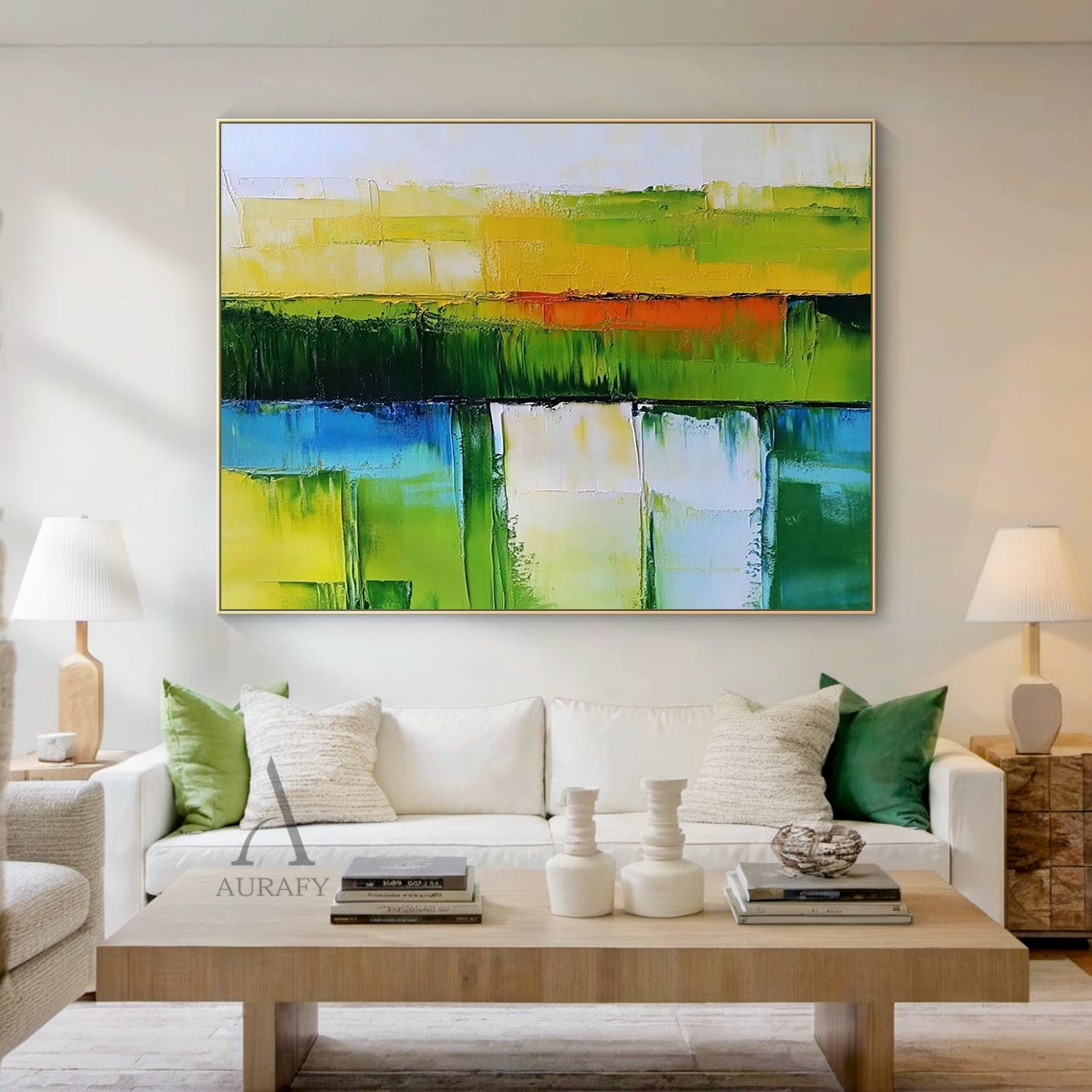 Horizontal green blue abstract impasto canvas wall art (AURA405), crafted with thick knife-painted texture for 3D tactile surface. Features layered horizontal color blocks in shades of green (lime, deep forest green), blue (soft sky blue, rich teal), accented with warm yellow, orange and creamy white blocks. Non-figurative abstract artwork evokes natural scenery of sunlit landscapes and calm waterways, suitable for Japandi, minimalist and modern interior decor.
