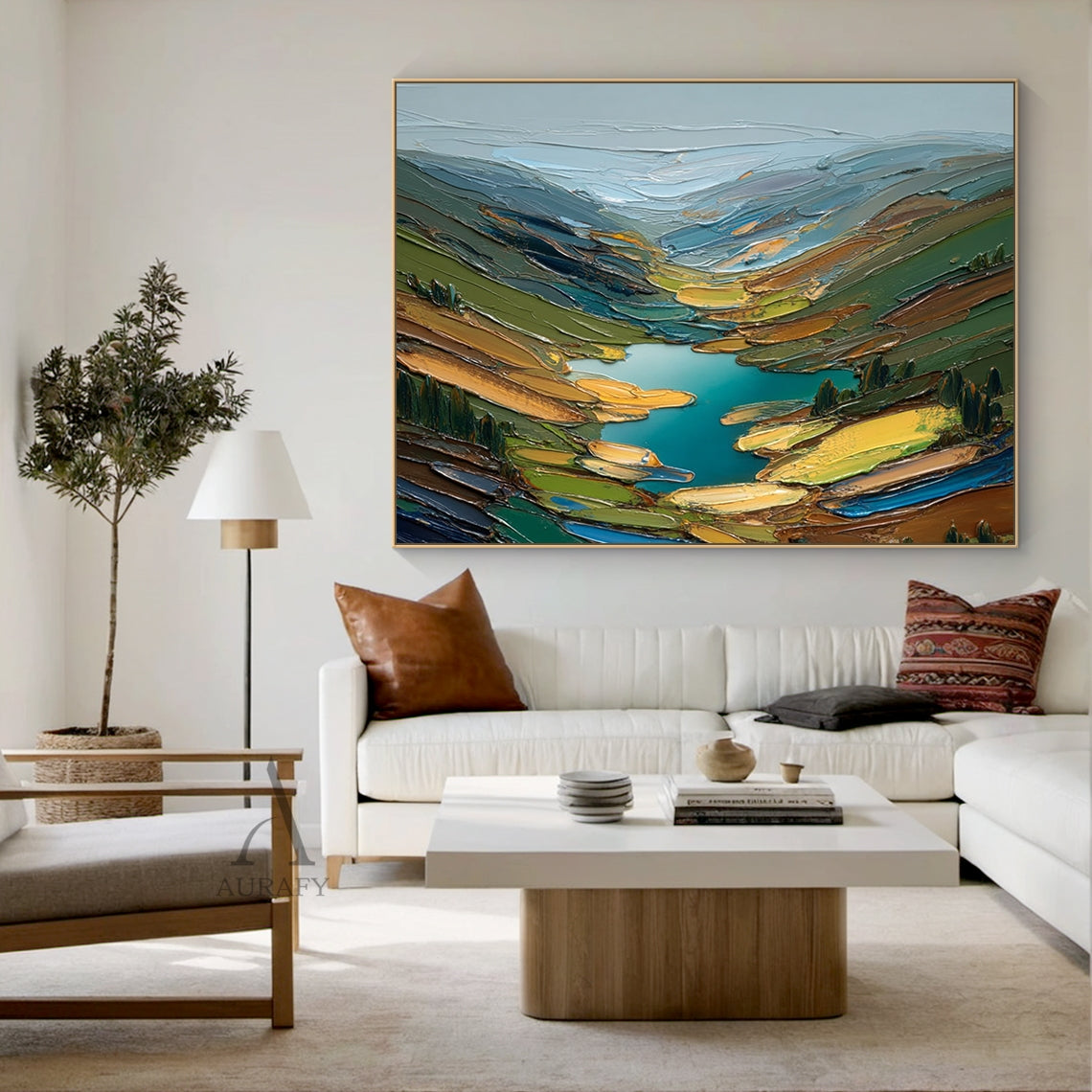 Green impasto semi-abstract landscape oil painting handcrafted with palette knife thick strokes, depicting sunlit alpine valley meadow lake scenery: soft cloud-wreathed pale blue-gray distant mountain peaks at the top, vivid emerald quiet alpine glacial lake as the core visual focal point in the center, sloped valley sides dotted with multi-toned dark green coniferous woods, soft buttercup yellow wildflower meadows, ochre bare rock outcrops and warm tangerine sunset-dyed low shrub patches. Thick pigment sta