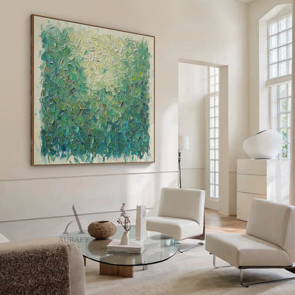 Semi-abstract impressionist green landscape impasto canvas painting, handcrafted with thick palette knife short textured strokes. The upper part features pale yellow and soft green tones mimicking sunlit leaf surfaces, with a natural gradient shifting to grass green, olive green and dark teal green on the lower section to present the rich layered texture of shaded foliage, surrounded by a light beige raw canvas border at the edge. This minimalist decorative wall art perfectly suits Japandi, Scandinavian, mo