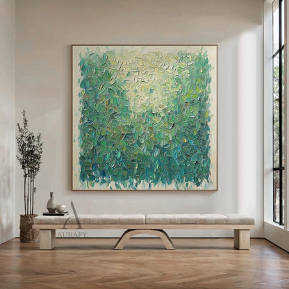 Semi-abstract impressionist green landscape impasto canvas painting, created with thick palette knife short flake strokes. Upper section has light yellow and pale green tones simulating sunlit leaf surfaces, gradient transitions to grass green, olive green and dark teal green on the lower part to present layered shaded foliage, with light beige raw canvas border around the edge. Minimalist decorative wall art fits Japandi, Scandinavian, modern organic interior schemes.