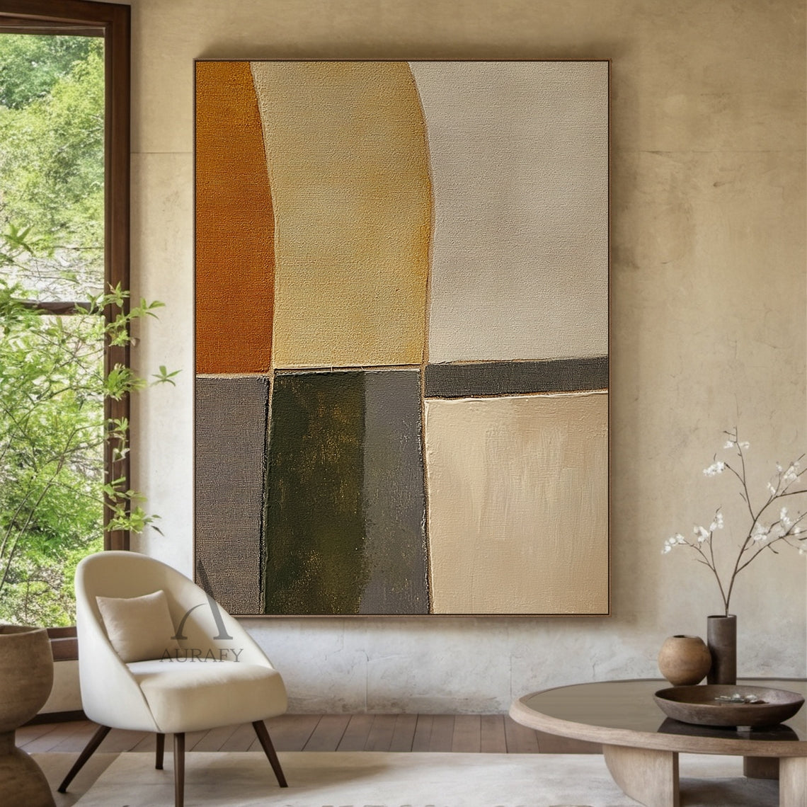 Closeup of AURA405 hand-painted brown geometric abstract canvas wall art, features patchwork of curved and angular geometric color blocks in warm burnt sienna, soft sand beige, olive green, charcoal gray and off-white earthy tones. Visible thick impasto brush stroke texture and canvas grain, edges of color blocks have both sharp division lines and soft blurred transitions, it is a warm, calm, minimalist tactile artwork suitable for interior space decoration.