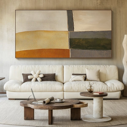 Closeup of AURA405 hand-painted brown geometric abstract canvas wall art, features patchwork of curved and angular geometric color blocks in warm burnt sienna, soft sand beige, olive green, charcoal gray and off-white earthy tones. Visible thick impasto brush stroke texture and canvas grain, edges of color blocks have both sharp division lines and soft blurred transitions, it is a warm, calm, minimalist tactile artwork suitable for interior space decoration.