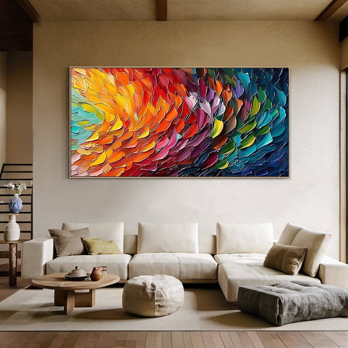 Thick Impasto Abstract Wall Art AURA167 - 3D Textured Feather-like Brushstrokes, Warm-to-Cool Color Gradient (Orange, Yellow, Red to Pink, Purple, Teal, Blue) with Dark Blue Accents. Modern Bedroom Decor for Contemporary Spaces, Adding Serene Dynamic Depth and Visual Charm to Your Personal Retreat.