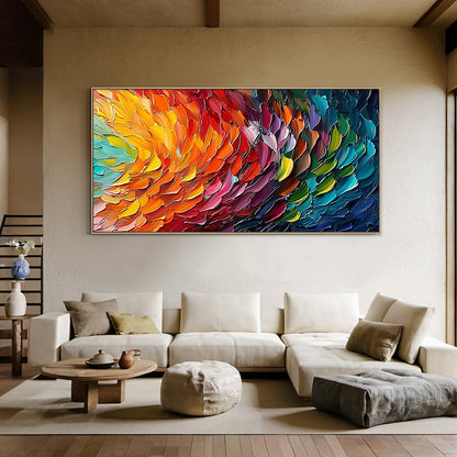 Thick Impasto Abstract Wall Art AURA167 - 3D Textured Feather-like Brushstrokes, Warm-to-Cool Color Gradient (Orange, Yellow, Red to Pink, Purple, Teal, Blue) with Dark Blue Accents. Modern Bedroom Decor for Contemporary Spaces, Adding Serene Dynamic Depth and Visual Charm to Your Personal Retreat.