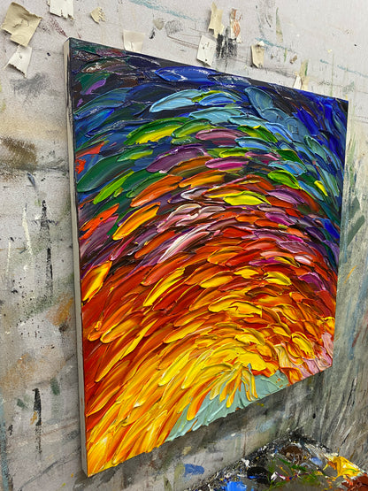 Thick Impasto Abstract Wall Art AURA167 - 3D Textured Feather-like Brushstrokes, Warm-to-Cool Color Gradient (Orange, Yellow, Red to Pink, Purple, Teal, Blue) with Dark Blue Accents. Modern Bedroom Decor for Contemporary Spaces, Adding Serene Dynamic Depth and Visual Charm to Your Personal Retreat.