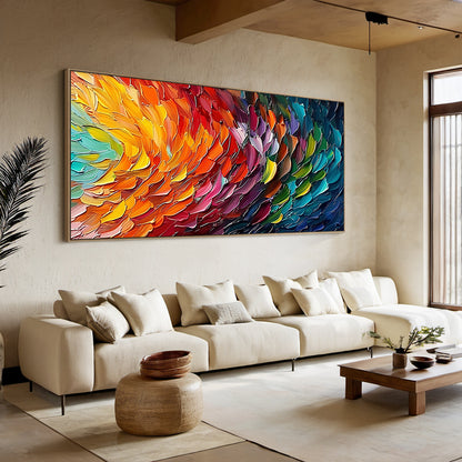 Thick Impasto Abstract Wall Art AURA167 - 3D Textured Feather-like Brushstrokes, Warm-to-Cool Color Gradient (Orange, Yellow, Red to Pink, Purple, Teal, Blue) with Dark Blue Accents. Modern Living Room Decor for Contemporary Spaces, Adding Captivating Focal Point and Artistic Flair to Your Cozy Gathering Area.