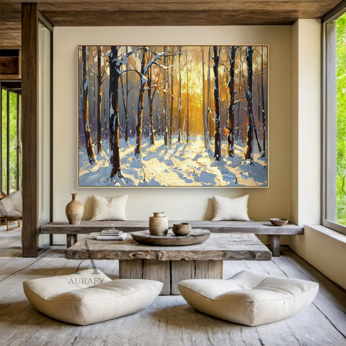 Impasto textured impressionist oil painting, winter snow-capped mountain cabin landscape at golden hour. Warm golden orange sunset spills over the jagged snow-covered mountain ridges, slanting through frost-dusted pine boughs to fall on the weathered wooden walls of the small cabin tucked in the valley, thick fluffy snow blankets the valley floor and the narrow mountain path winding up to the cabin porch, long soft lavender-gray shadows stretch across the sun-dappled snow surface. It features thick, visible