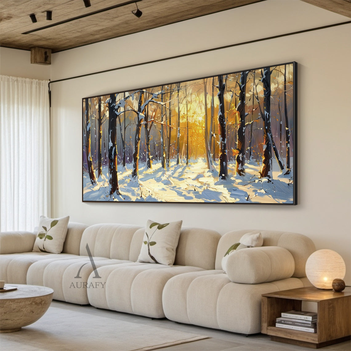 Impasto textured impressionist oil painting, winter snow-capped mountain cabin landscape at golden hour. Warm golden orange sunset spills over the jagged snow-covered mountain ridges, slanting through frost-dusted pine boughs to fall on the weathered wooden walls of the small cabin tucked in the valley, thick fluffy snow blankets the valley floor and the narrow mountain path winding up to the cabin porch, long soft lavender-gray shadows stretch across the sun-dappled snow surface. It features thick, visible