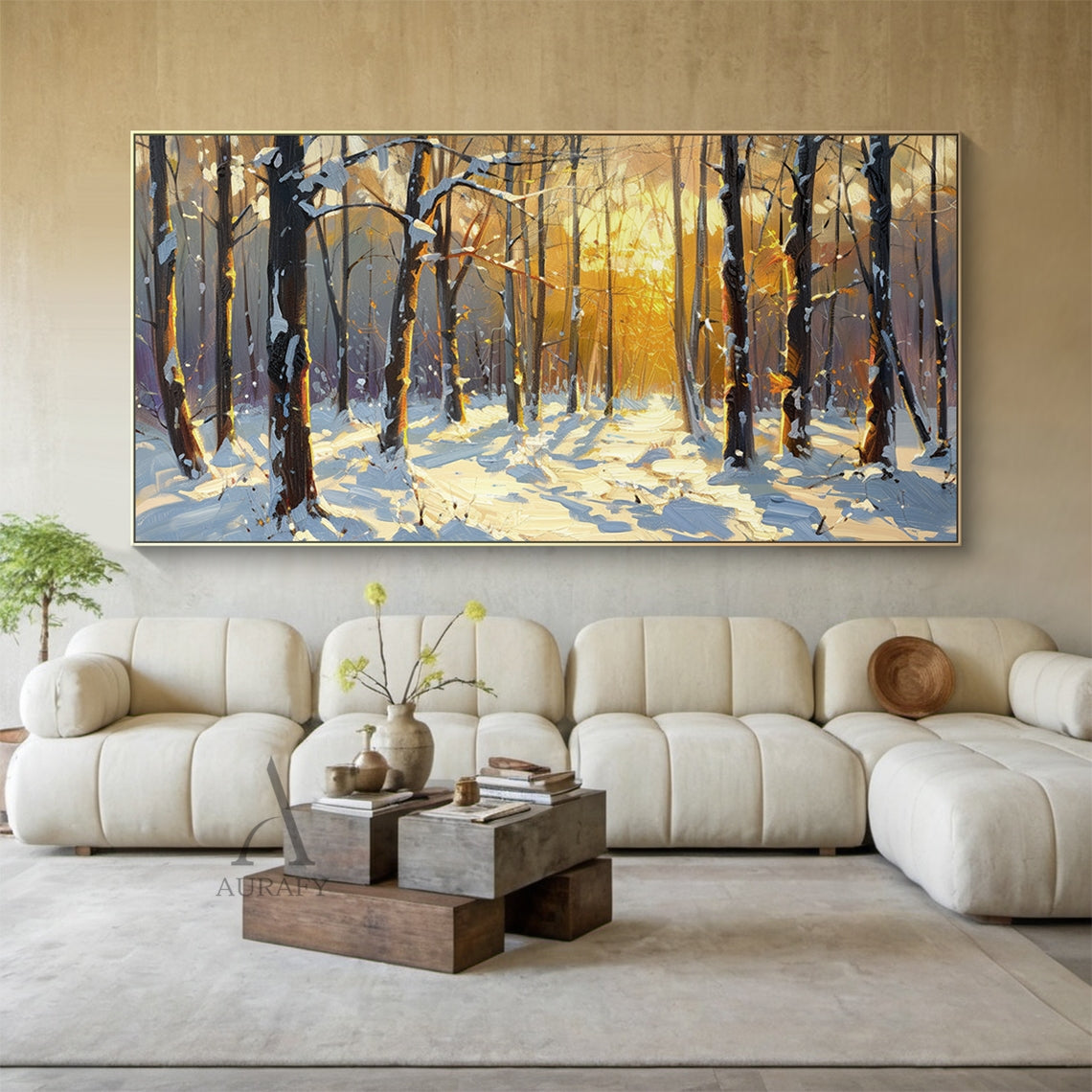 Impasto textured impressionist oil painting, winter snow-capped mountain cabin landscape on a crisp clear post-snow afternoon. Bright cool winter sunlight spills over the smooth snow-covered rolling mountain ridges, filtering through snow-laden pine boughs to fall on the rough log walls of the cozy cabin tucked at the mountain foot, powdery pristine snow blankets the cabin roof edges and the frozen small stream winding past the cabin yard, short crisp pale blue shadows stretch across the glistening sunlit s