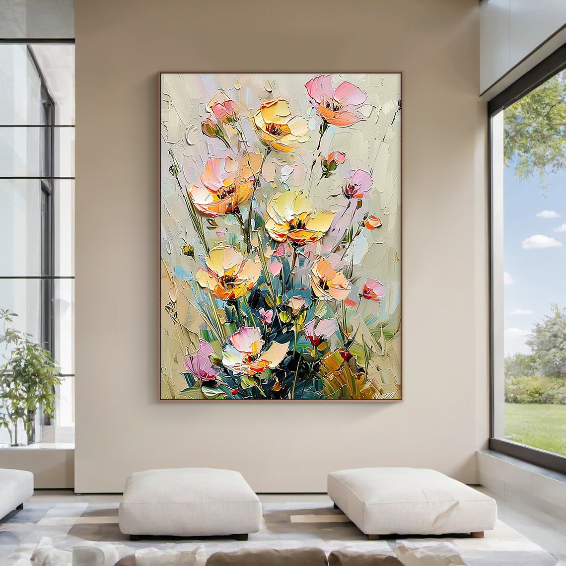 Impasto palette knife oil painting of wild clustered florals, presented in a sunlit warm minimalist dining nook styling scene. The artwork features fully bloomed, half-opened and budding flowers in soft buttery yellow, blush pink, light peach shades, paired with muted sage green stems and foliage against a neutral creamy beige textured background. Thick raised paint strokes create a distinct tactile hand-painted texture, following the impressionist wabi-sabi decorative style, which complements rattan furnis
