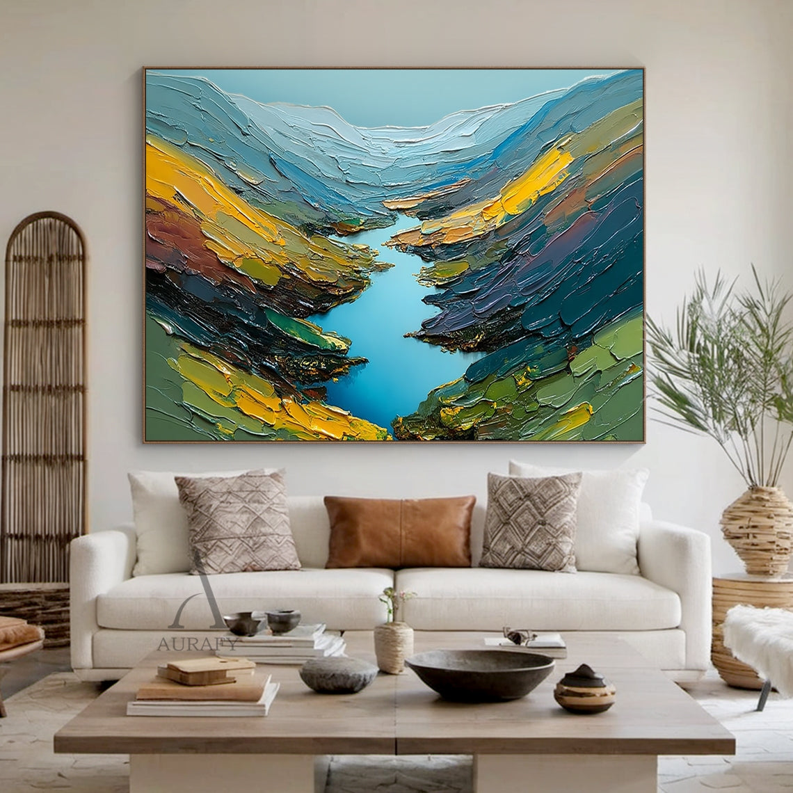 Impasto palette knife textured mountain landscape oil painting, vertical modern wall art. It presents a sunlit alpine view from the foothill perspective, snow-dusted pale slate blue peaks rise gently under the soft hazy sky, sloped hills covered in warm golden ochre, earthy olive green, deep forest green and russet tones spread all the way to the foot of the peaks, the whole canvas is covered in thick raised tactile impasto texture, with a dominant tranquil blue and green color palette, it is a fine abstrac
