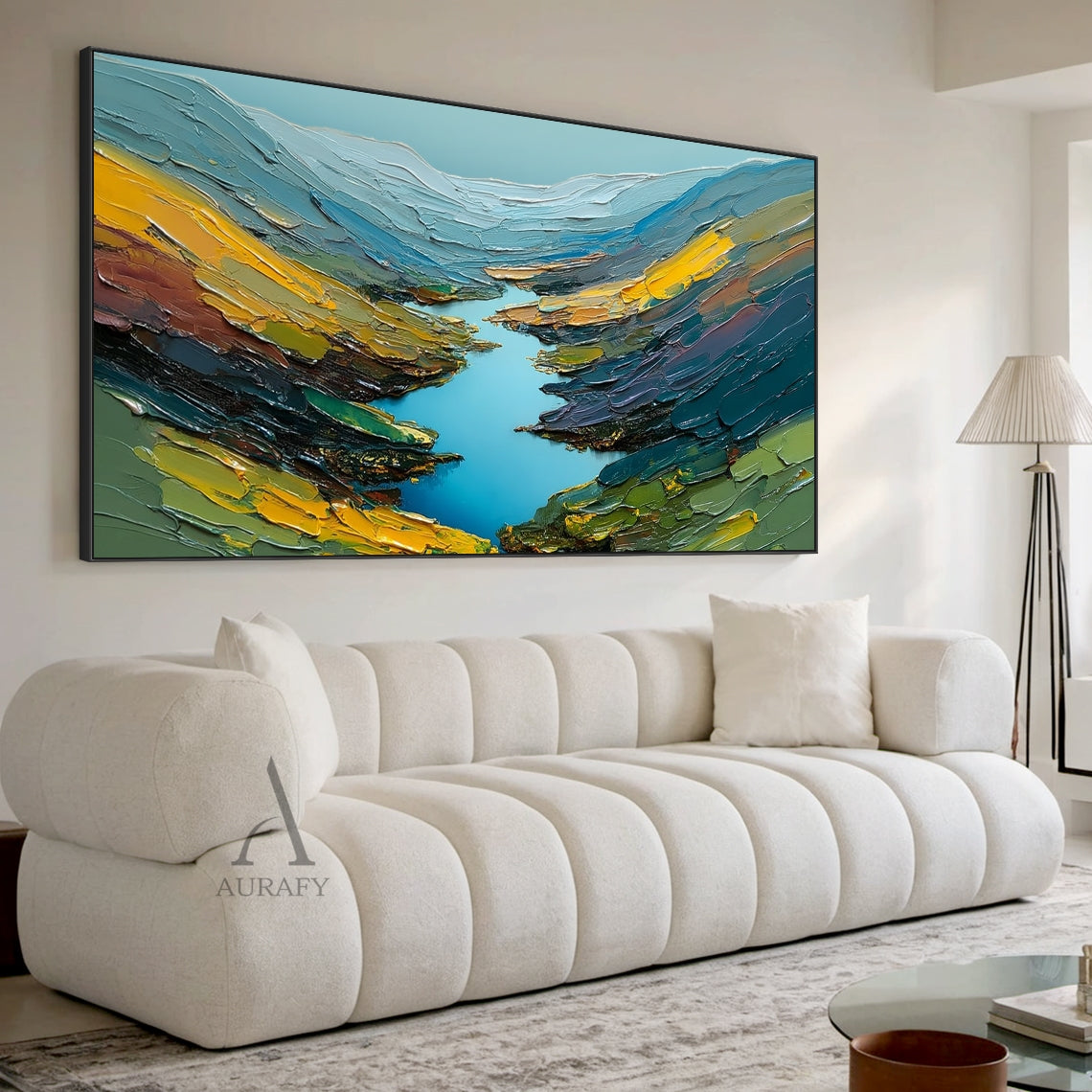 Impasto palette knife textured mountain landscape oil painting, vertical modern wall art. It presents a sunlit alpine view from the foothill perspective, snow-dusted pale slate blue peaks rise gently under the soft hazy sky, sloped hills covered in warm golden ochre, earthy olive green, deep forest green and russet tones spread all the way to the foot of the peaks, the whole canvas is covered in thick raised tactile impasto texture, with a dominant tranquil blue and green color palette, it is a fine abstrac