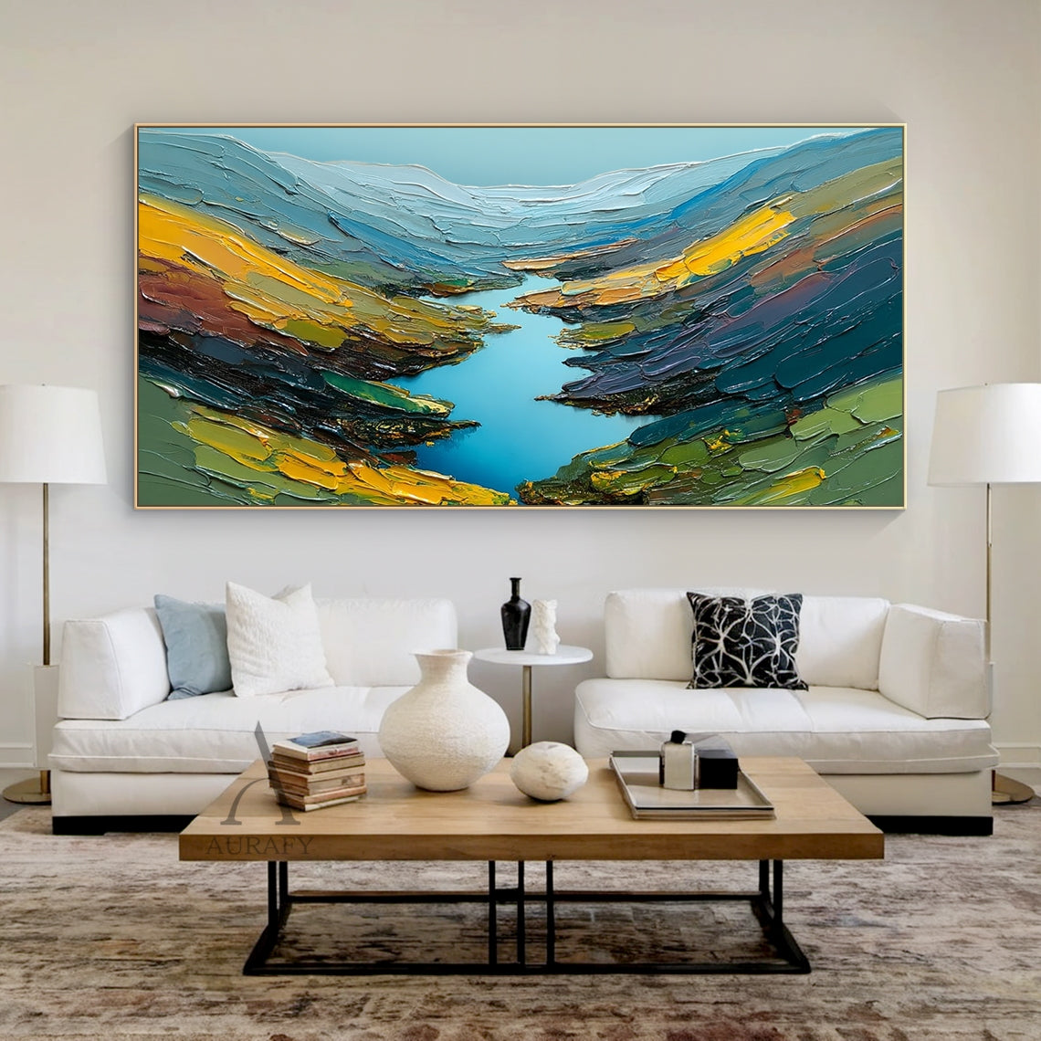 Impasto palette knife textured mountain landscape oil painting, vertical modern wall art. It presents a sunlit alpine view from the valley overlook perspective, snow-dusted pale slate blue peaks peek through soft wispy clouds under the hazy pastel sky, undulating hills covered in warm golden ochre, earthy olive green, deep pine green and russet terracotta tones stretch across the valley floor to the base of the peaks, the whole canvas is covered in thick raised tactile impasto texture, with a dominant tranq