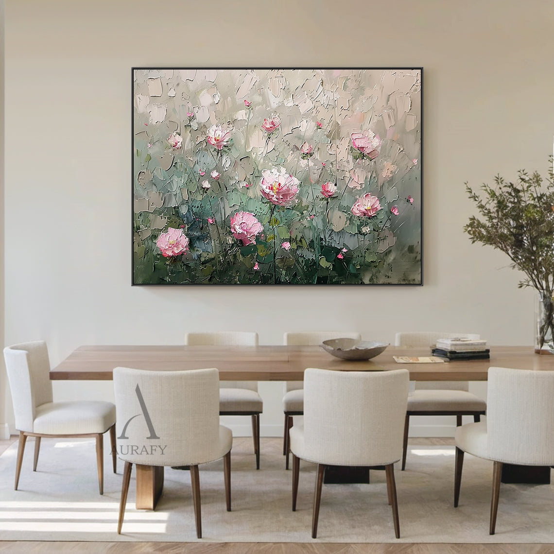 Impasto palette knife textured oil painting, horizontal rustic wild floral landscape artwork. Features sprawling pink wild rose clusters stretching along the weathered pale wood fence, mix of full ruffled blooms, half-open blushing buds and tiny tightly closed flower buds, with gradient blush ivory petals and yellow-crimson stamens. Lower edge of the canvas is layered with textured sage green, olive green foliage and fluffy tufts of dry fine wild grass piled at the fence foot, distant background is soft blu