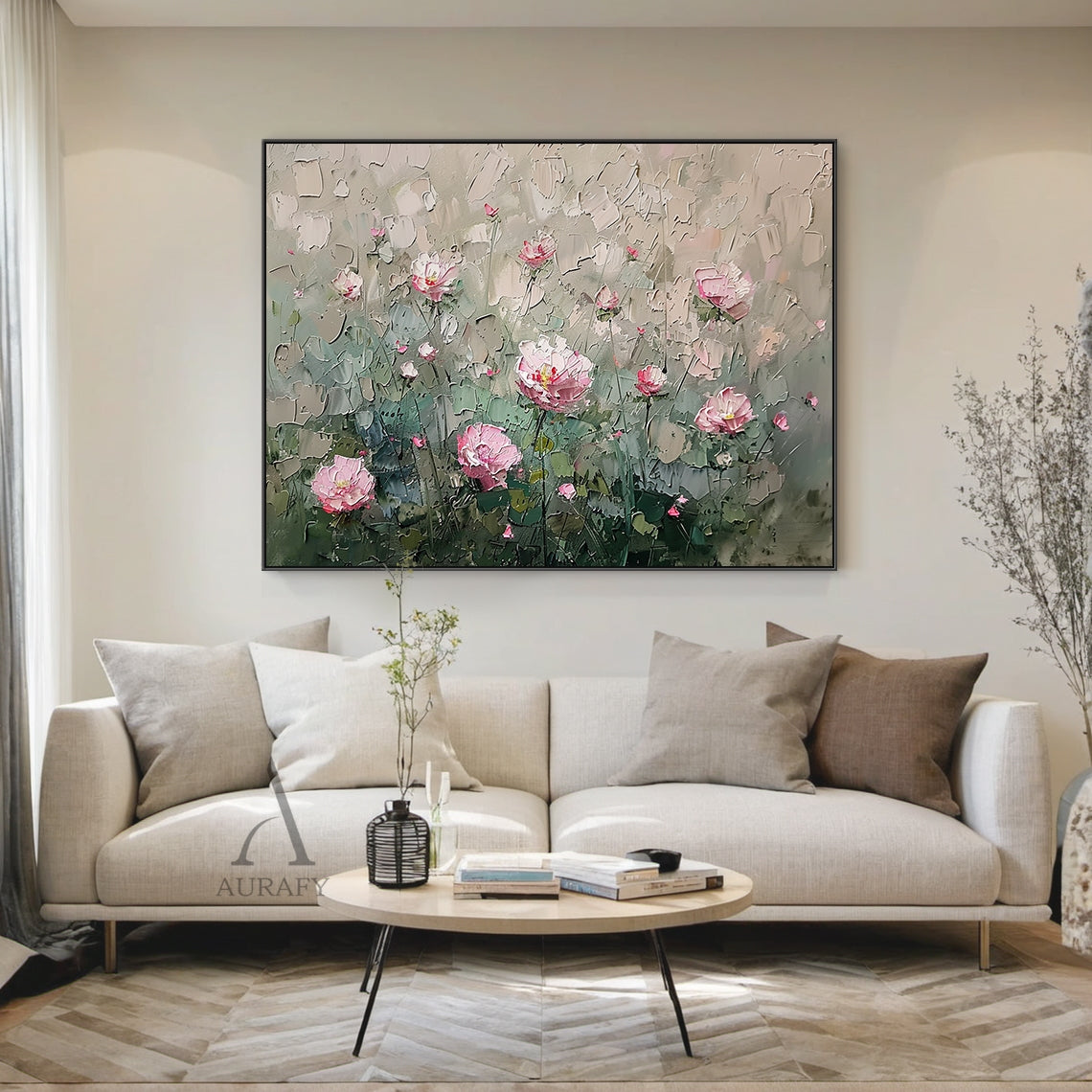 Impasto palette knife textured oil painting, vertical rustic wild floral landscape artwork. Features cascading pink wild rose clusters climbing on weathered pale wood fence, mix of full ruffled blooms, half-open blushing buds and tiny tightly closed flower buds, with gradient blush ivory petals and yellow-crimson stamens. Foreground of the canvas is layered with textured sage green, olive green foliage and tufts of dry fine wild grass, distant background is blurred abstract blocks in muted warm taupe, matte