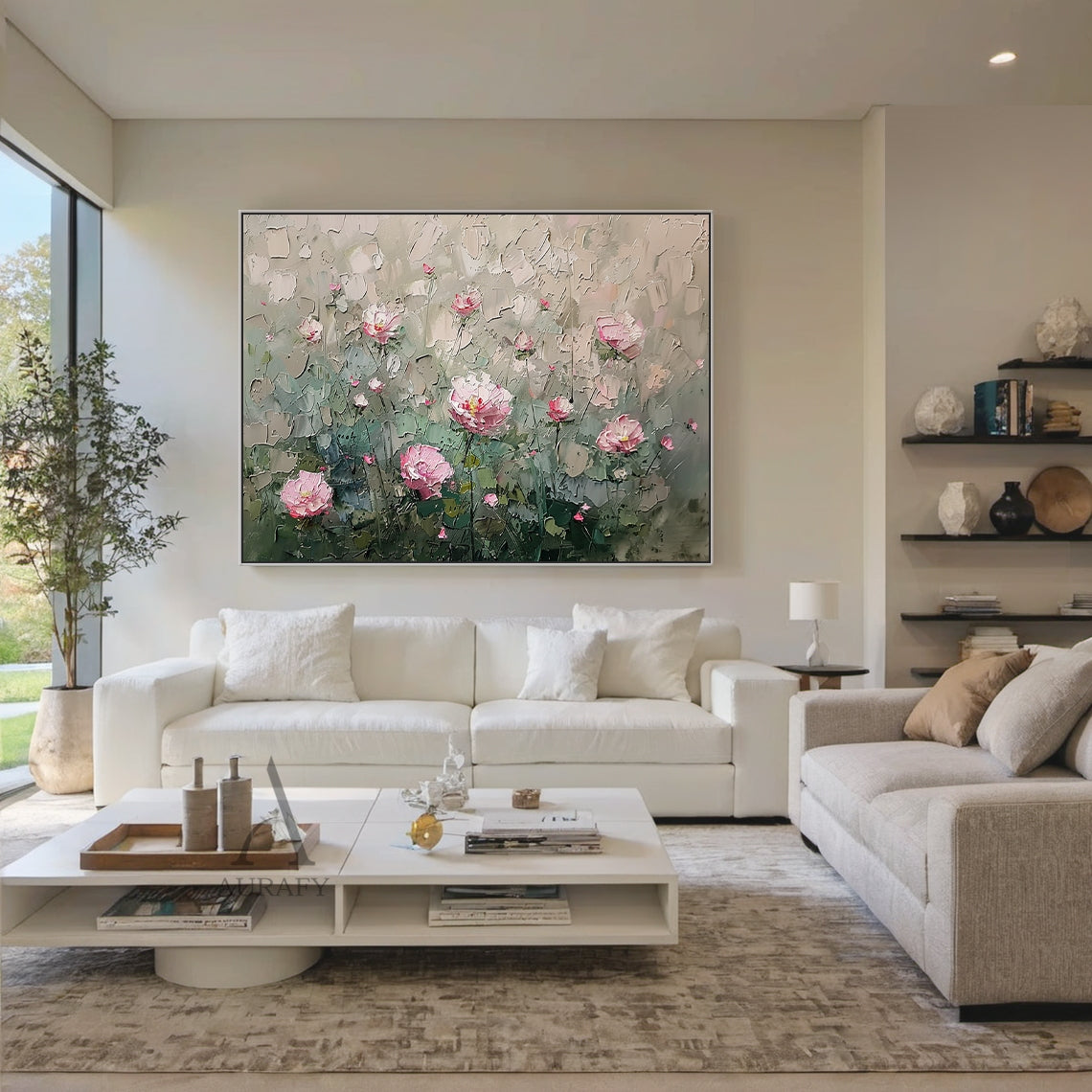 Impasto palette knife textured oil painting, vertical rustic wild floral landscape artwork. Features cascading pink wild rose clusters climbing on weathered pale wood fence, mix of full ruffled blooms, half-open blushing buds and tiny tightly closed flower buds, with gradient blush ivory petals and yellow-crimson stamens. Foreground of the canvas is layered with textured sage green, olive green foliage and tufts of dry fine wild grass, distant background is blurred abstract blocks in muted warm taupe, matte