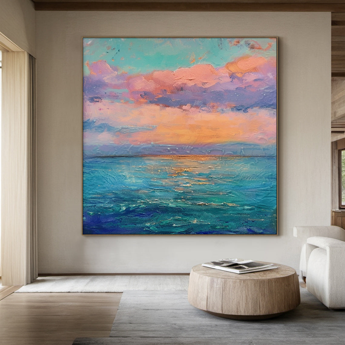Impressionist thick impasto coastal sunset vertical canvas wall art, hanging display on light warm gray wall above solid wood dining table with white ceramic tableware and small green plant centerpiece, soft pink, peach, lavender gradient clouds under pale turquoise sky, warm orange sunset glow above layered indigo, teal, light blue ocean with golden light reflections, textured palette knife strokes, dreamy pink blue landscape painting for living room bedroom dining room modern home decor AURA712