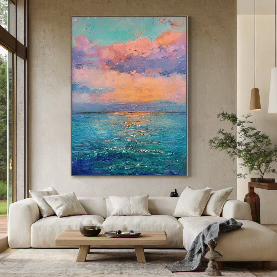 Impressionist thick impasto coastal sunset vertical canvas wall art, soft pink, peach, lavender gradient clouds under pale turquoise sky, warm orange sunset glow above layered indigo, teal, light blue ocean with golden light reflections, textured palette knife strokes, dreamy pink blue landscape painting for modern home decor AURA712