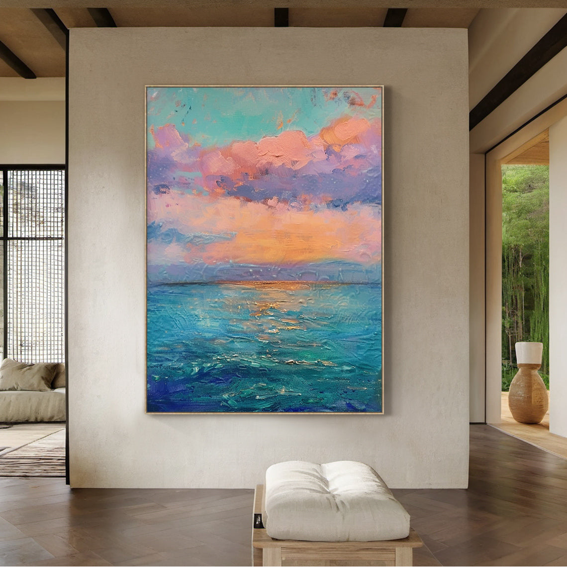 Impressionist thick impasto coastal sunset vertical canvas wall art, hanging display on light creamy wall above modern linen sofa, soft pink, peach, lavender gradient clouds under pale turquoise sky, warm orange sunset glow above layered indigo, teal, light blue ocean with golden light reflections, textured palette knife strokes, dreamy pink blue landscape painting for living room bedroom modern home decor AURA712