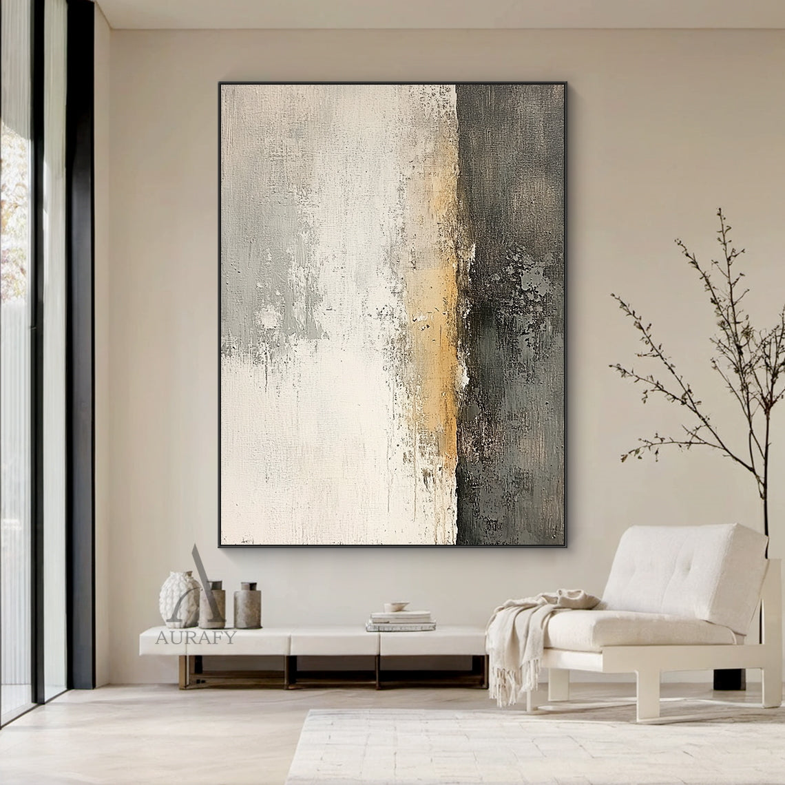 AURA638 Japandi Minimalist Wabi-sabi Abstract Textured Wall Art, real-scene display of this abstract expressionism artwork installed in a modern minimalist home space, with neutral color palette of off-white, layered light grey, soft beige and deep black, features visible vertical brush strokes, scuffed scratched mottled texture, thick pigment layers, grainy dark finish on the right section, no figurative elements, its quiet tranquil understated aesthetic can perfectly blend into diverse modern home decorat