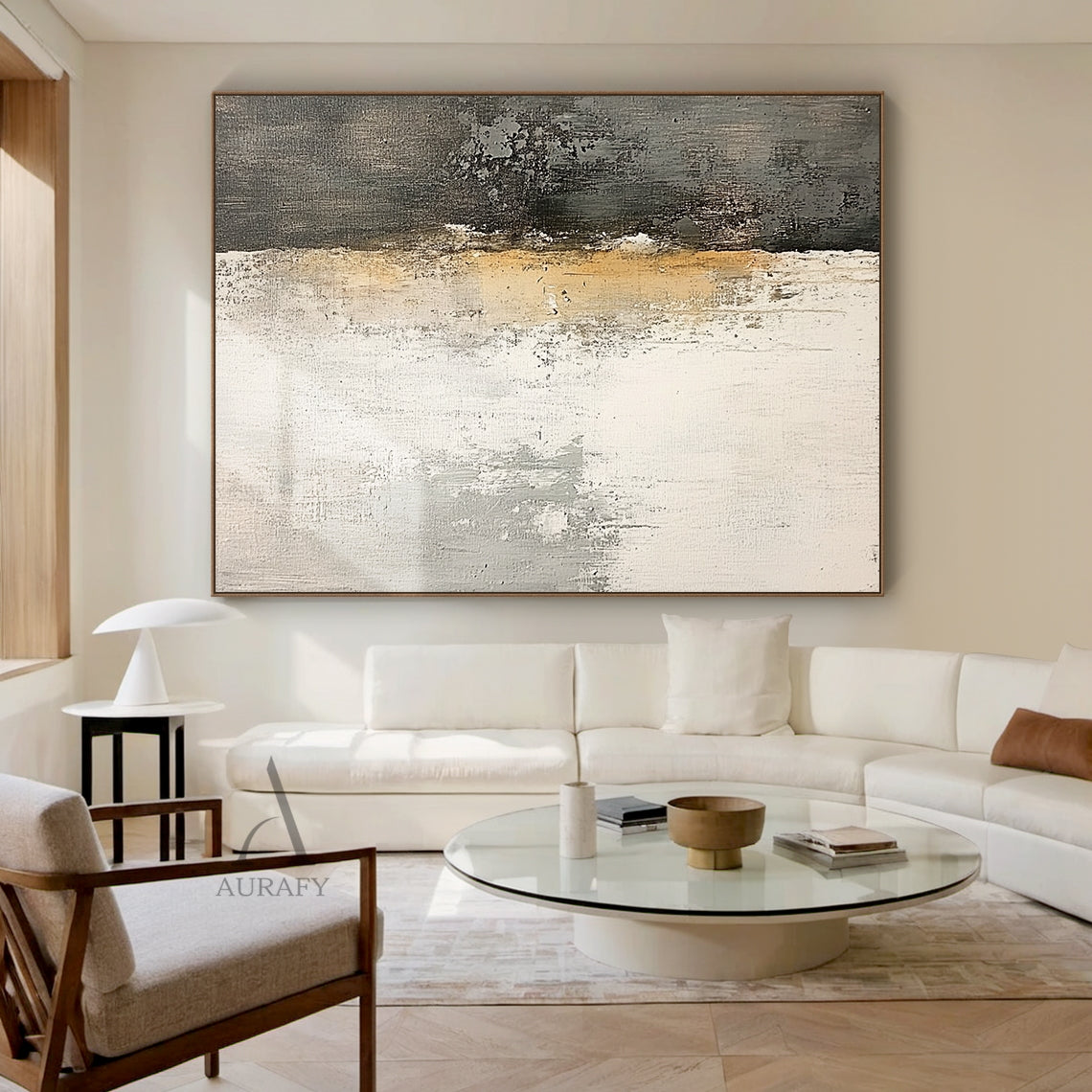AURA638 Japandi Minimalist Wabi-sabi Abstract Textured Wall Art, real-scene display of this abstract expressionism artwork installed in a modern minimalist home space, with neutral color palette of off-white, layered light grey, soft beige and deep black, features visible vertical brush strokes, scuffed scratched mottled texture, thick pigment layers, grainy dark finish on the right section, no figurative elements, its quiet tranquil understated aesthetic can perfectly blend into diverse modern home decorat