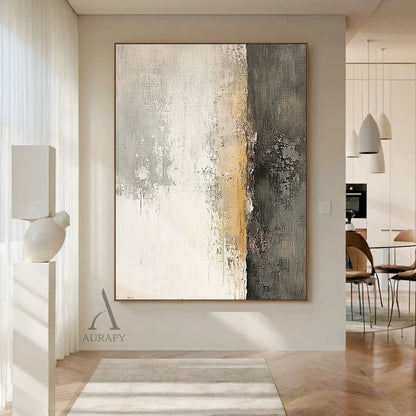 AURA638 Japandi Minimalist Wabi-sabi Abstract Textured Wall Art, general abstract expressionism artwork with neutral color palette of off-white, layered light grey, soft beige and deep black. Features visible vertical brush strokes, scuffed scratched mottled texture, thick pigment layers, grainy dark finish on the right section, no figurative elements, delivers quiet tranquil understated aesthetic for modern home decoration.
