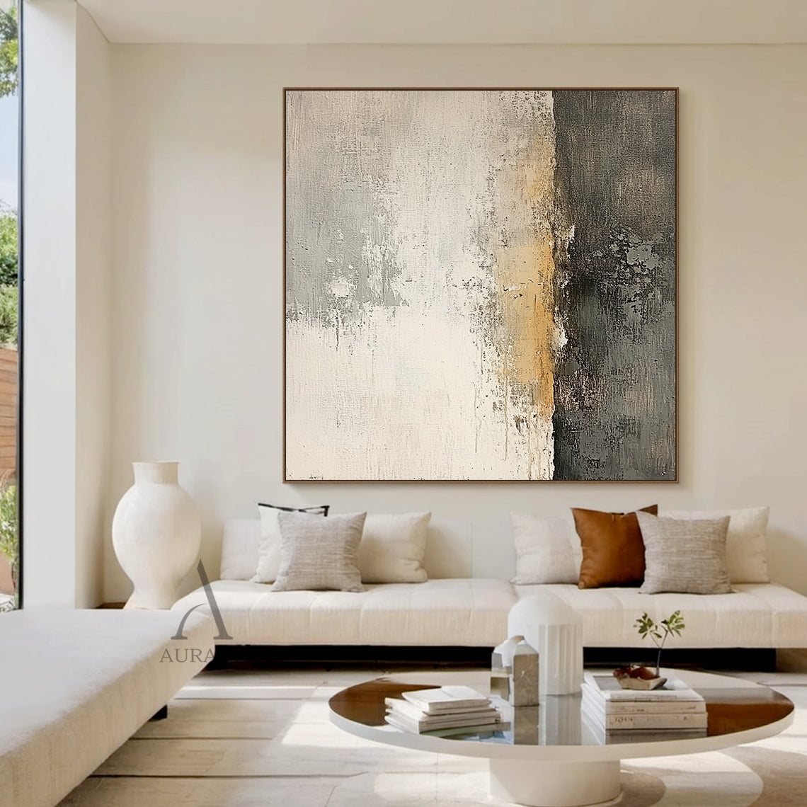 AURA638 Japandi Minimalist Wabi-sabi Abstract Textured Wall Art, general abstract expressionism artwork with neutral color palette of off-white, layered light grey, soft beige and deep black. Features visible vertical brush strokes, scuffed scratched mottled texture, thick pigment layers, grainy dark finish on the right section, no figurative elements, delivers quiet tranquil understated aesthetic for modern home decoration.