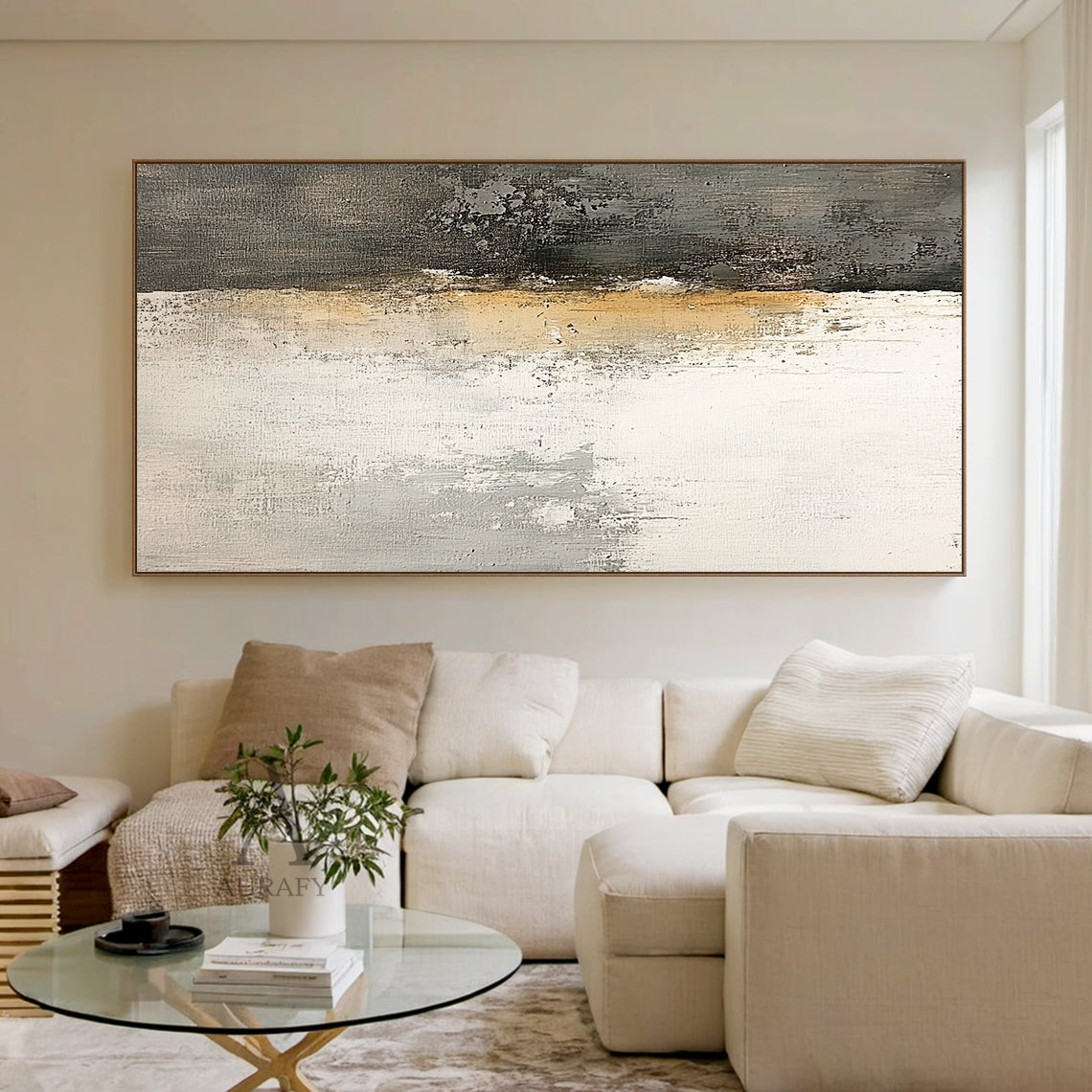 AURA638 Japandi Minimalist Wabi-sabi Abstract Textured Wall Art, general abstract expressionism artwork with neutral color palette of off-white, layered light grey, soft beige and deep black. Features visible vertical brush strokes, scuffed scratched mottled texture, thick pigment layers, grainy dark finish on the right section, no figurative elements, delivers quiet tranquil understated aesthetic for modern home decoration.