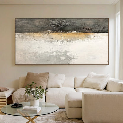 AURA638 Japandi Minimalist Wabi-sabi Abstract Textured Wall Art, general abstract expressionism artwork with neutral color palette of off-white, layered light grey, soft beige and deep black. Features visible vertical brush strokes, scuffed scratched mottled texture, thick pigment layers, grainy dark finish on the right section, no figurative elements, delivers quiet tranquil understated aesthetic for modern home decoration.