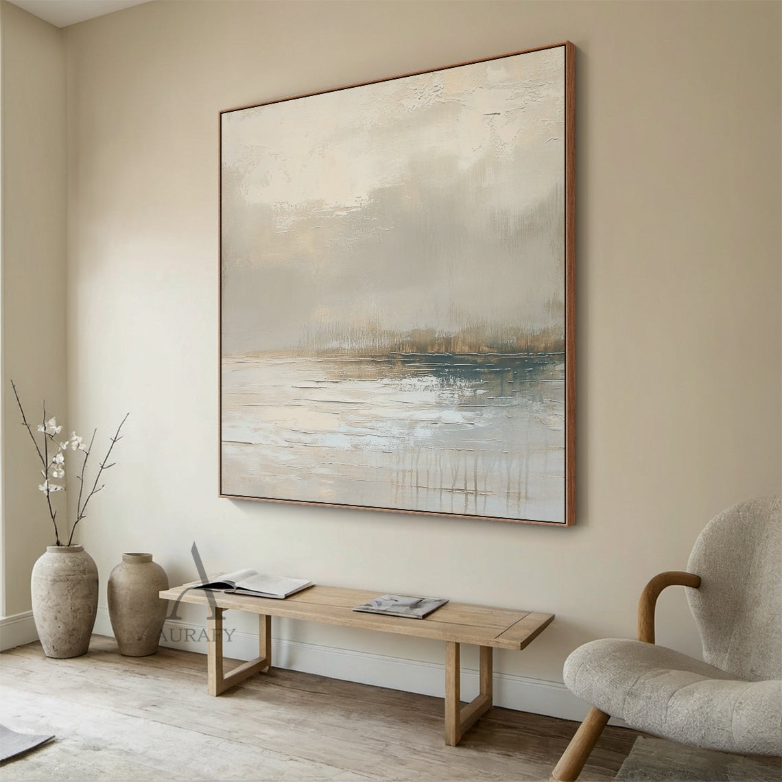 Abstract Gray Landscape Textured Plaster Impasto Scraped Japandi Minimalist Luxe Wall Art (AURA671) Entryway Decor Scene Display. The artwork retains its original core design: upper part has mottled thick impasto scraped texture mimicking hazy mist and cloud layers, lower part adopts smooth strokes with faint vertical lines resembling calm water reflections, color palette covers gradient grays, muted beiges, soft light browns with subtle cool blue accents in the lower reflective section, no sharp color cont