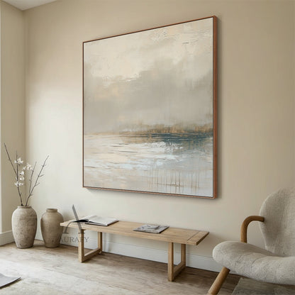 Abstract Gray Landscape Textured Plaster Impasto Scraped Japandi Minimalist Luxe Wall Art (AURA671) Entryway Decor Scene Display. The artwork retains its original core design: upper part has mottled thick impasto scraped texture mimicking hazy mist and cloud layers, lower part adopts smooth strokes with faint vertical lines resembling calm water reflections, color palette covers gradient grays, muted beiges, soft light browns with subtle cool blue accents in the lower reflective section, no sharp color cont