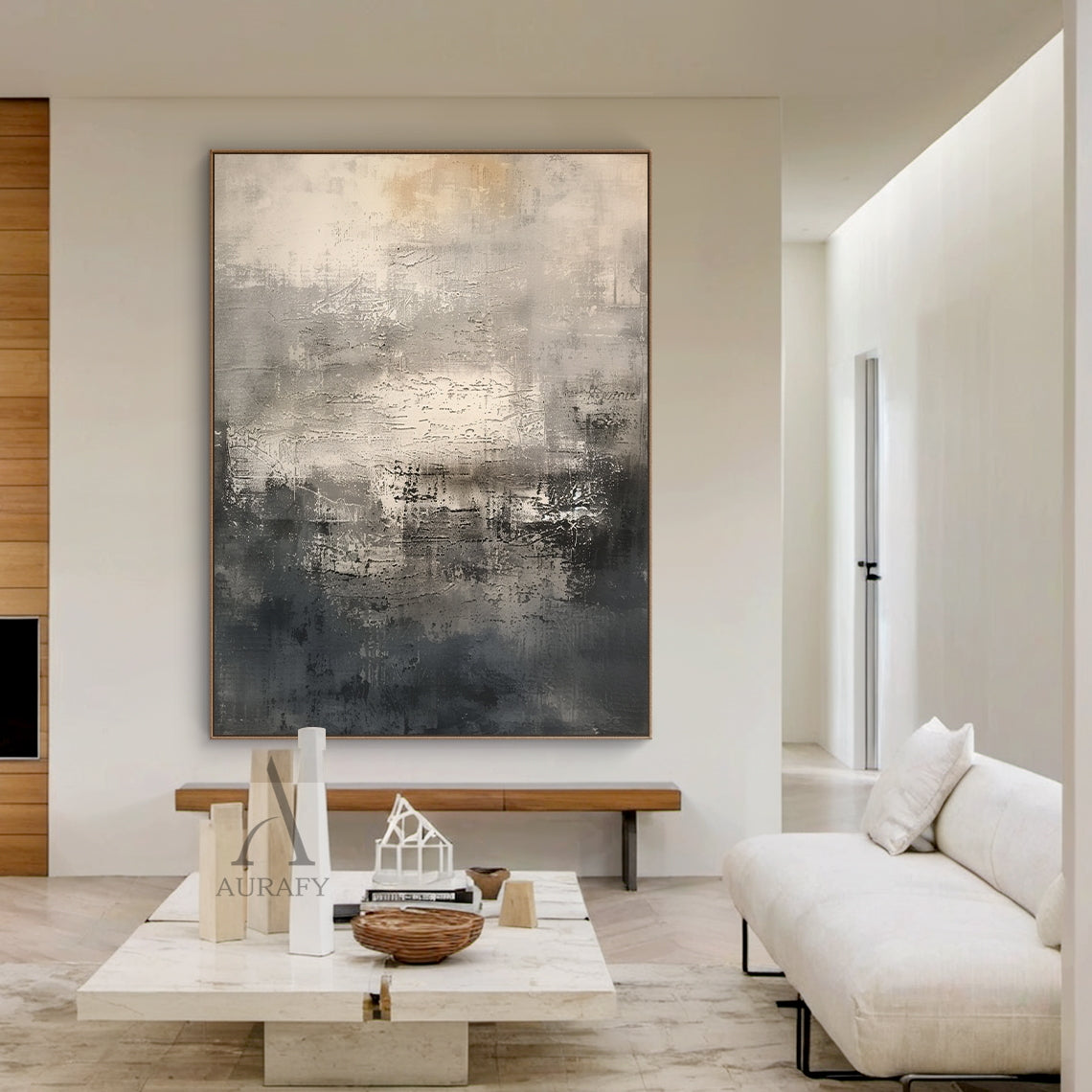 Minimalist abstract canvas artwork AURA639, abstract painting in neutral color palette of black, beige and transitional gray tones, with rich tactile surface textures including rough hand-painted brush strokes, irregular scratched marks, mottled overlapping color layers and distressed worn finish, no figurative objects, gentle understated aesthetic ideal for cream-style master bedroom, wabi-sabi homestay guest room, Japanese minimalist tea house interior decoration