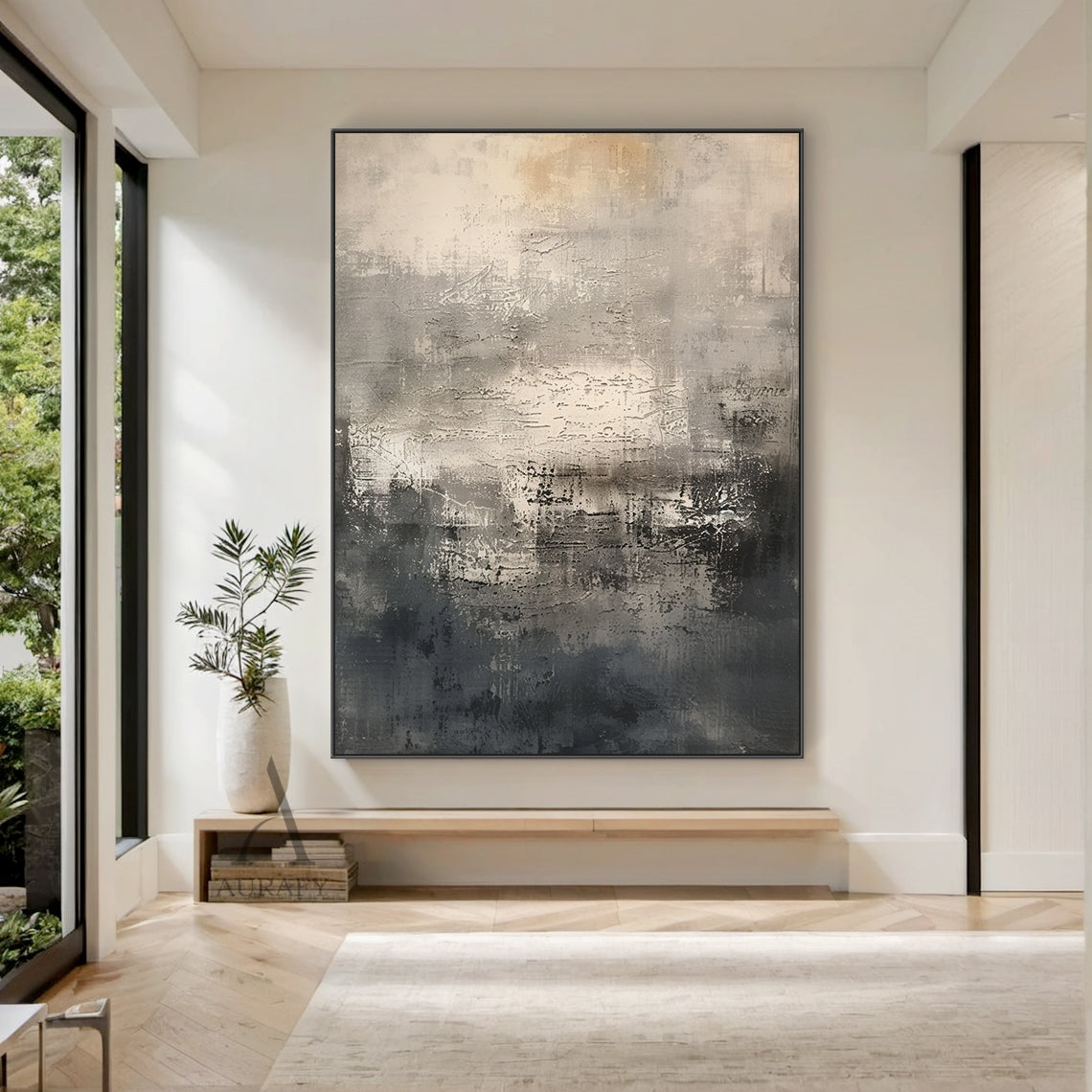 General abstract canvas artwork AURA639, minimalist abstract painting in neutral color palette of black, beige and transitional gray tones, with rich tactile surface textures including rough brush strokes, irregular scratched marks, mottled color layers and worn distressed finish, no figurative objects, calm understated aesthetic suitable for modern home, Japandi living room, neutral bedroom interior decoration
