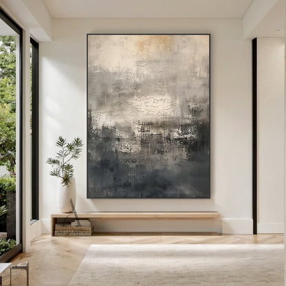 General abstract canvas artwork AURA639, minimalist abstract painting in neutral color palette of black, beige and transitional gray tones, with rich tactile surface textures including rough brush strokes, irregular scratched marks, mottled color layers and worn distressed finish, no figurative objects, calm understated aesthetic suitable for modern home, Japandi living room, neutral bedroom interior decoration