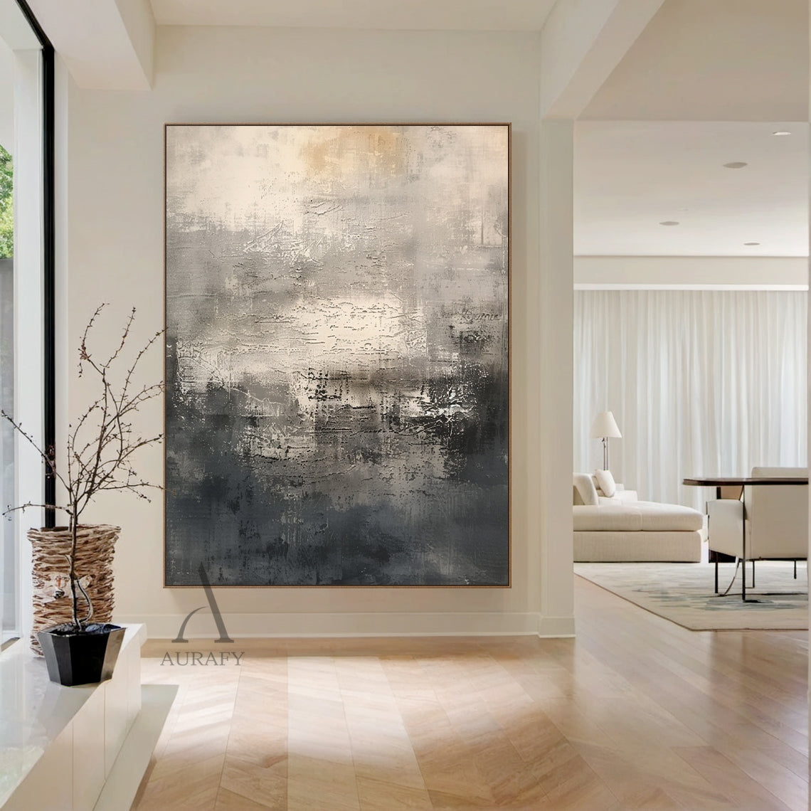 Minimalist abstract canvas artwork AURA639, abstract painting in neutral color palette of black, beige and transitional gray tones, with rich tactile surface textures including rough hand-painted brush strokes, irregular scratched marks, mottled overlapping color layers and distressed worn finish, no figurative objects, gentle understated aesthetic ideal for wabi-sabi apartment, minimalist office space, natural wood style dining room interior decoration