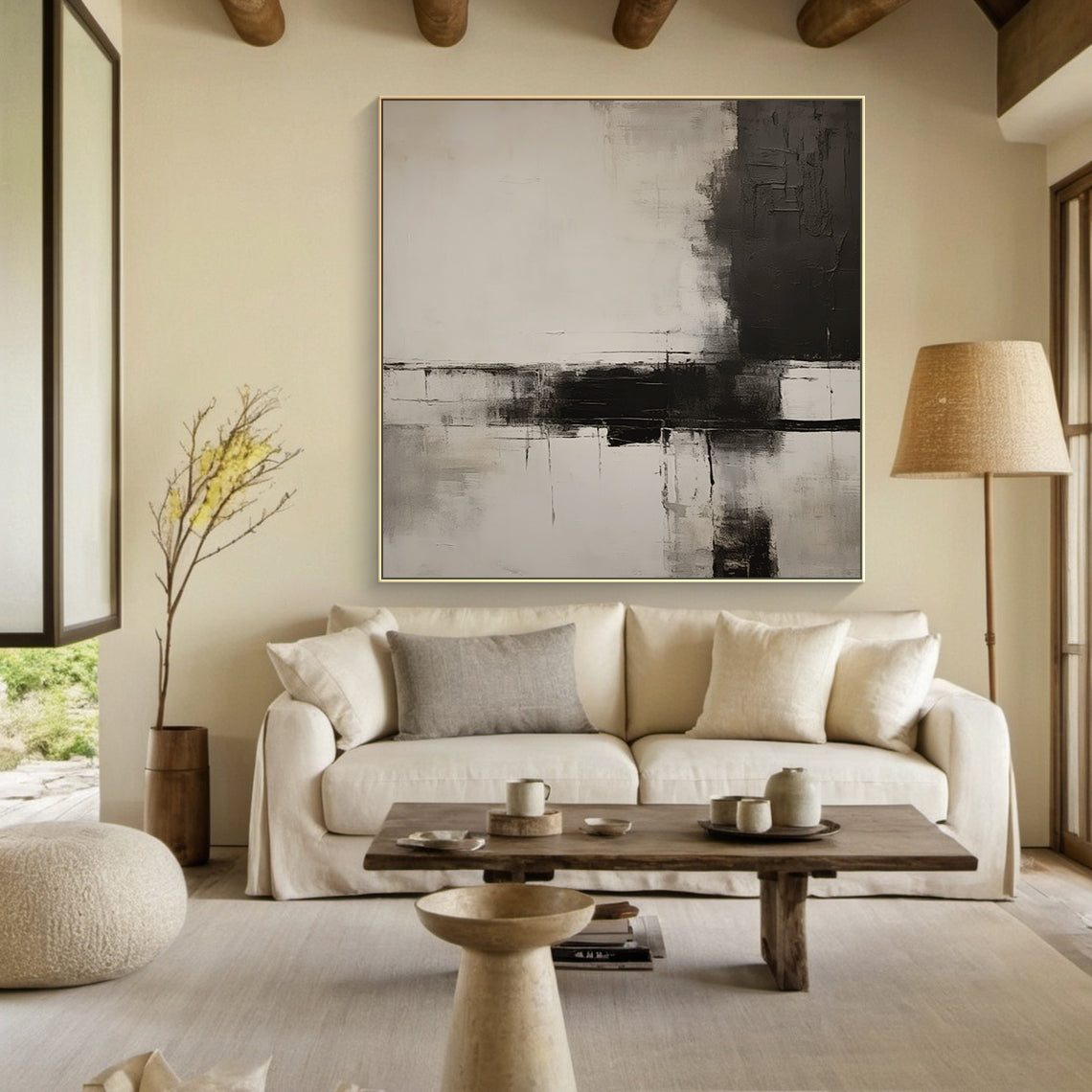 Vertical Minimalist Black White Gray Abstract Canvas Wall Art (Premium Cotton Canvas, Solid Wood Frame) | Focal Point Above Low-profile White Bed in Serene Modern Bedroom. Bold dark blocks, layered brushstrokes, spacious negative space. Bathed in soft natural light through sheer curtains, complements tranquil decor (soft linen bedding, wooden nightstands, potted fiddle leaf fig, warm table lamp). Ideal for living room, bedroom, office—adds modern sophistication and cozy vibe. Suitable for small or large spa