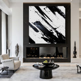 Minimalist Wall Art Black White Abstract Brushstroke Ink Splatter Dynamic Tactile Art AURA551